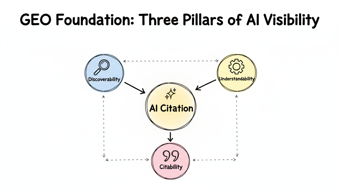 GEO Foundation: Three Pillars of AI Visibility — Discoverability, Understandability, and Citability converging on AI Citation