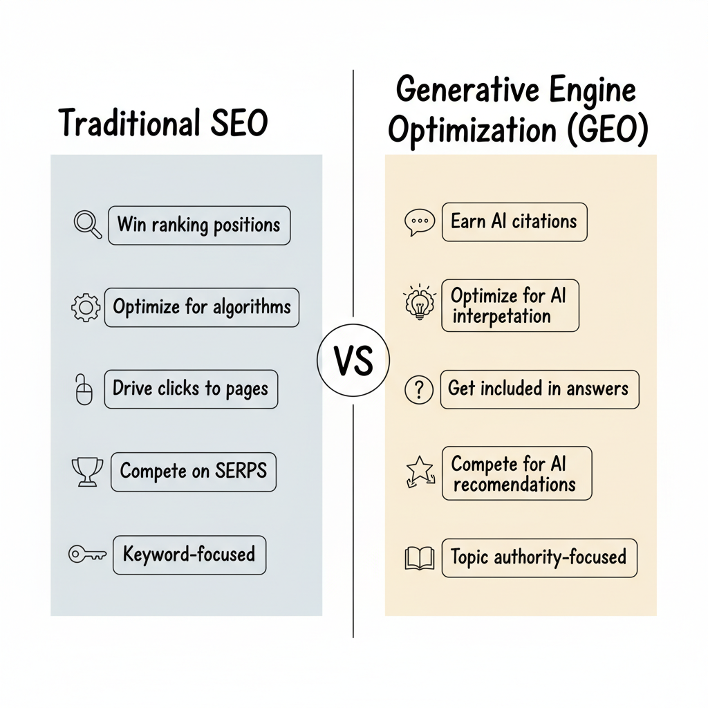 SEO vs GEO side-by-side comparison showing the paradigm shift from traditional ranking to AI citations