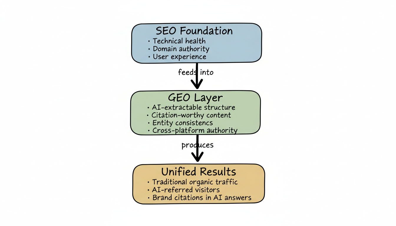 Integrated SEO + GEO three-tier framework: SEO Foundation feeds into GEO Layer which produces Unified Results