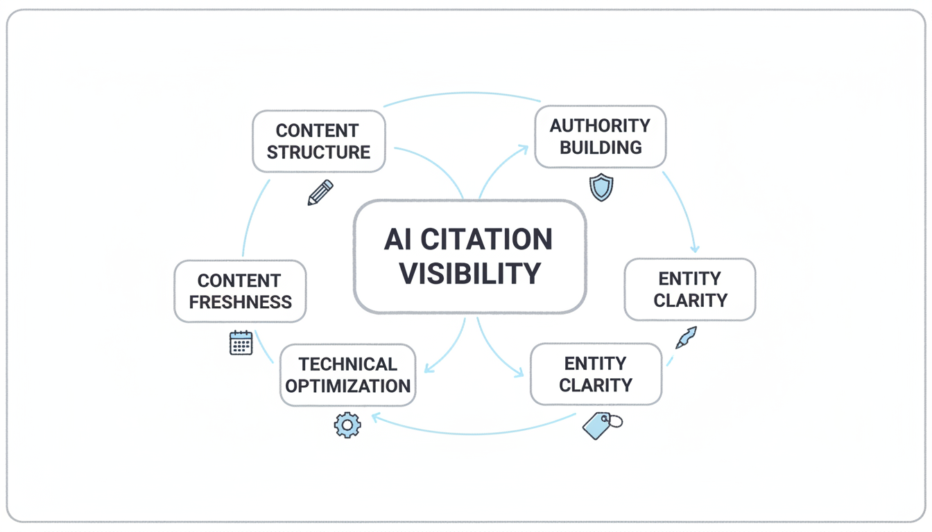GEO optimization framework showing five technique pillars: Content Structure, Authority Building, Entity Clarity, Technical Optimization, and Content Freshness surrounding AI Citation Visibility