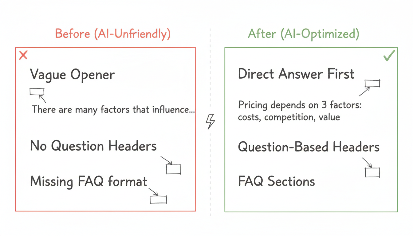 Before and after comparison of content structure optimization: vague openers vs direct answers first, missing question headers vs question-based headers, no FAQ vs FAQ sections