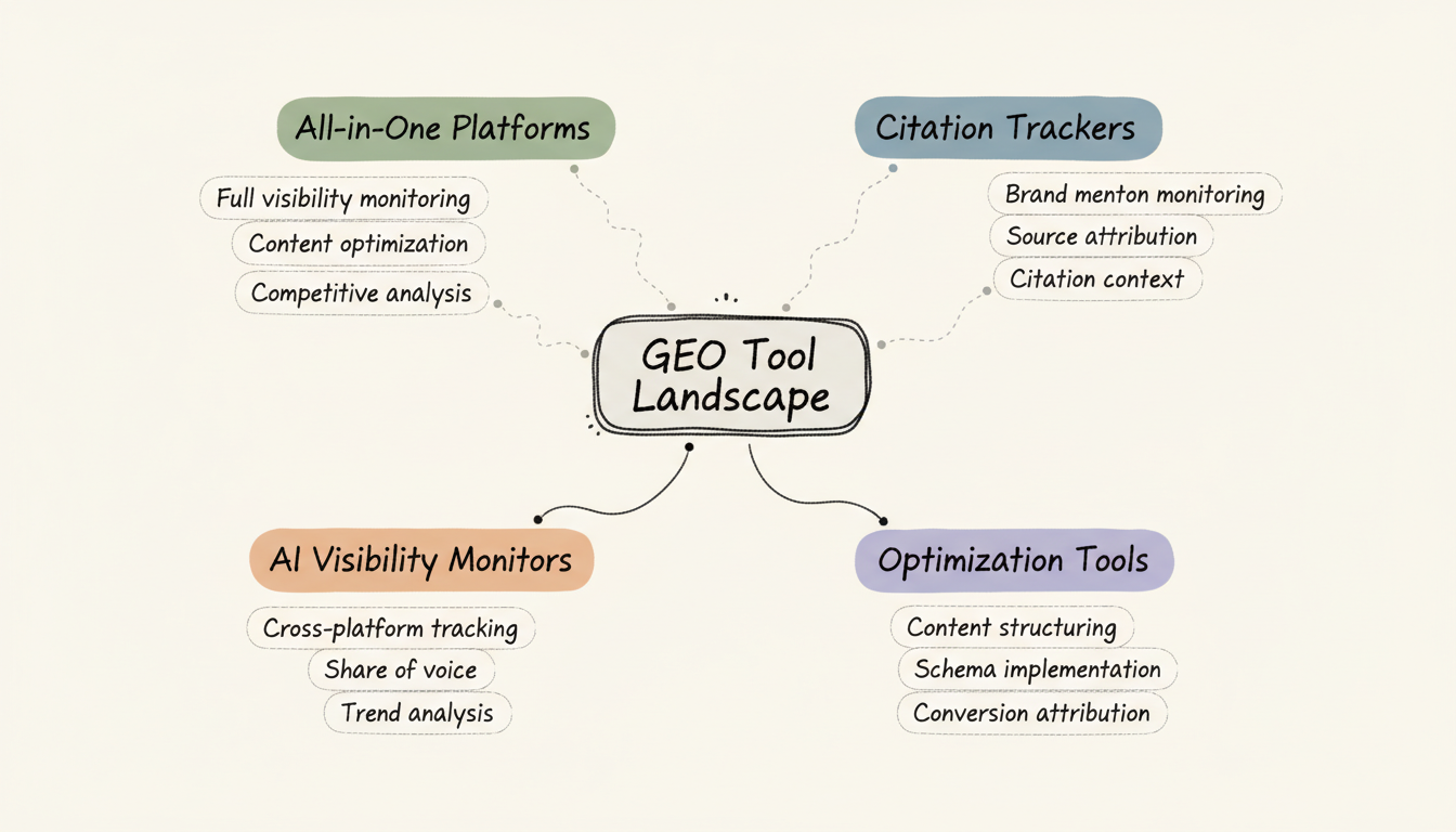 GEO Tool Landscape framework showing 5 categories: All-in-One Platforms, Citation Trackers, AI Visibility Monitors, Optimization Tools, and Analytics Integration