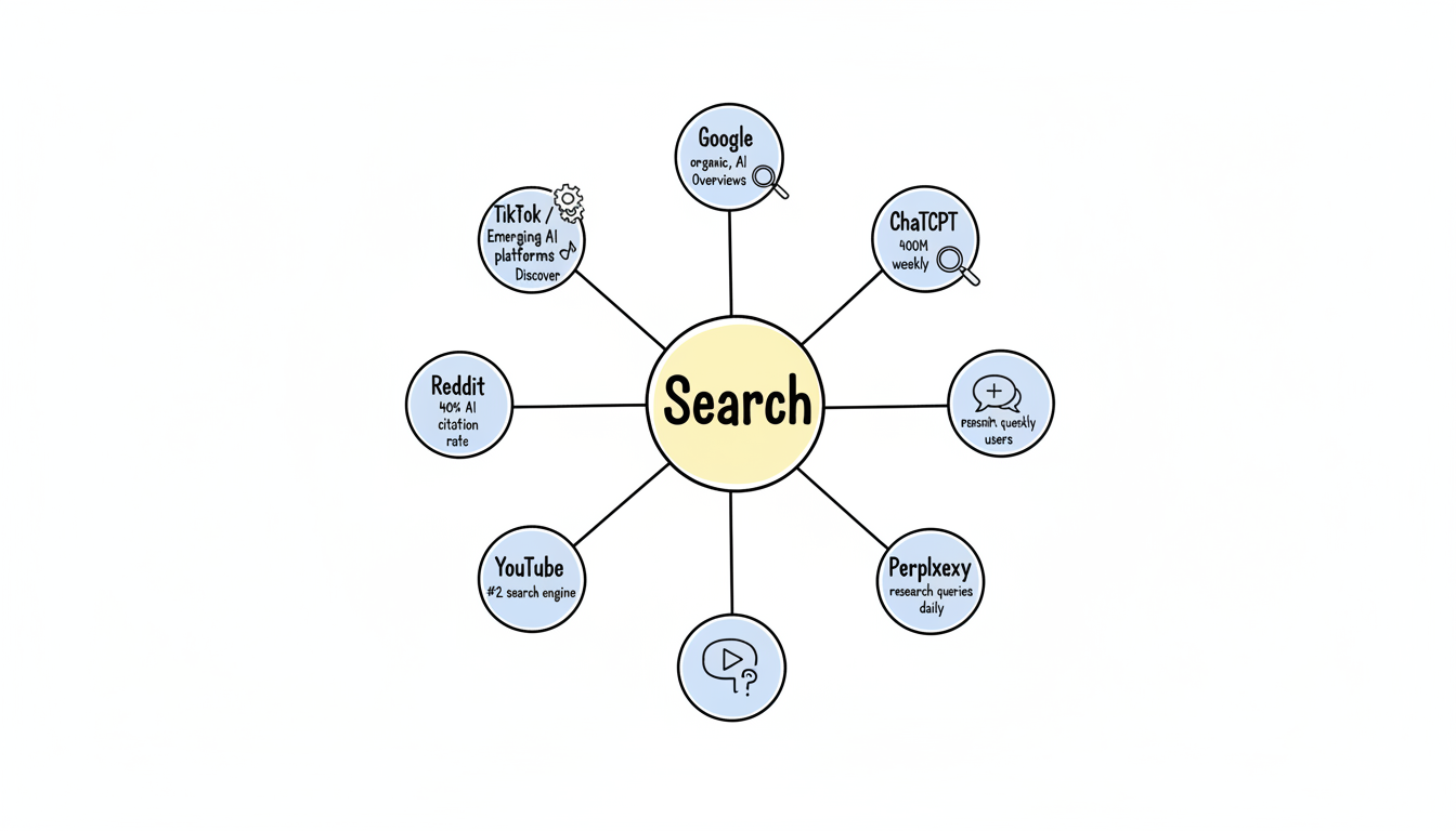 Multi-platform search ecosystem showing ChatGPT, Google, Perplexity, YouTube, Reddit, and TikTok as discovery channels