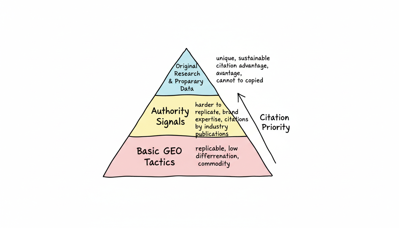 Citation advantage pyramid: Basic GEO Tactics at the base, Authority Signals in the middle, and Original Research at the top with highest citation priority