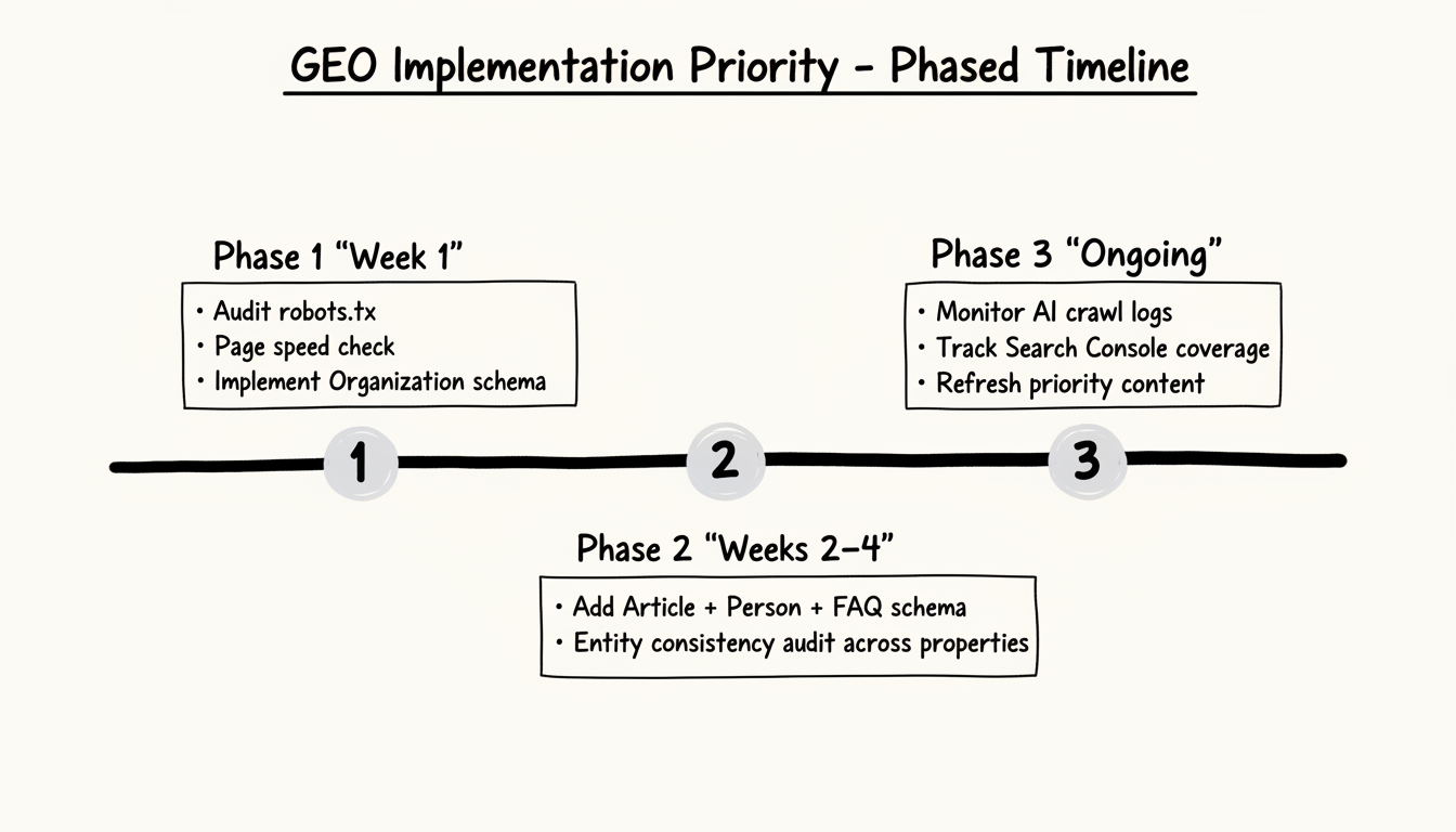 Phased implementation timeline showing Week 1, Weeks 2-4, and Ongoing priorities for GEO technical optimization