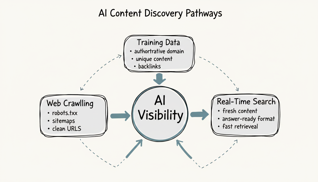 Framework showing three AI content discovery pathways — Web Crawling, Training Data, and Real-Time Search — feeding into a central AI Visibility hub