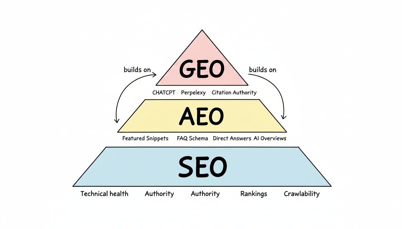 SEO as foundation, AEO as extraction layer, GEO as AI platform layer — stacked architecture showing how each discipline builds on the one below