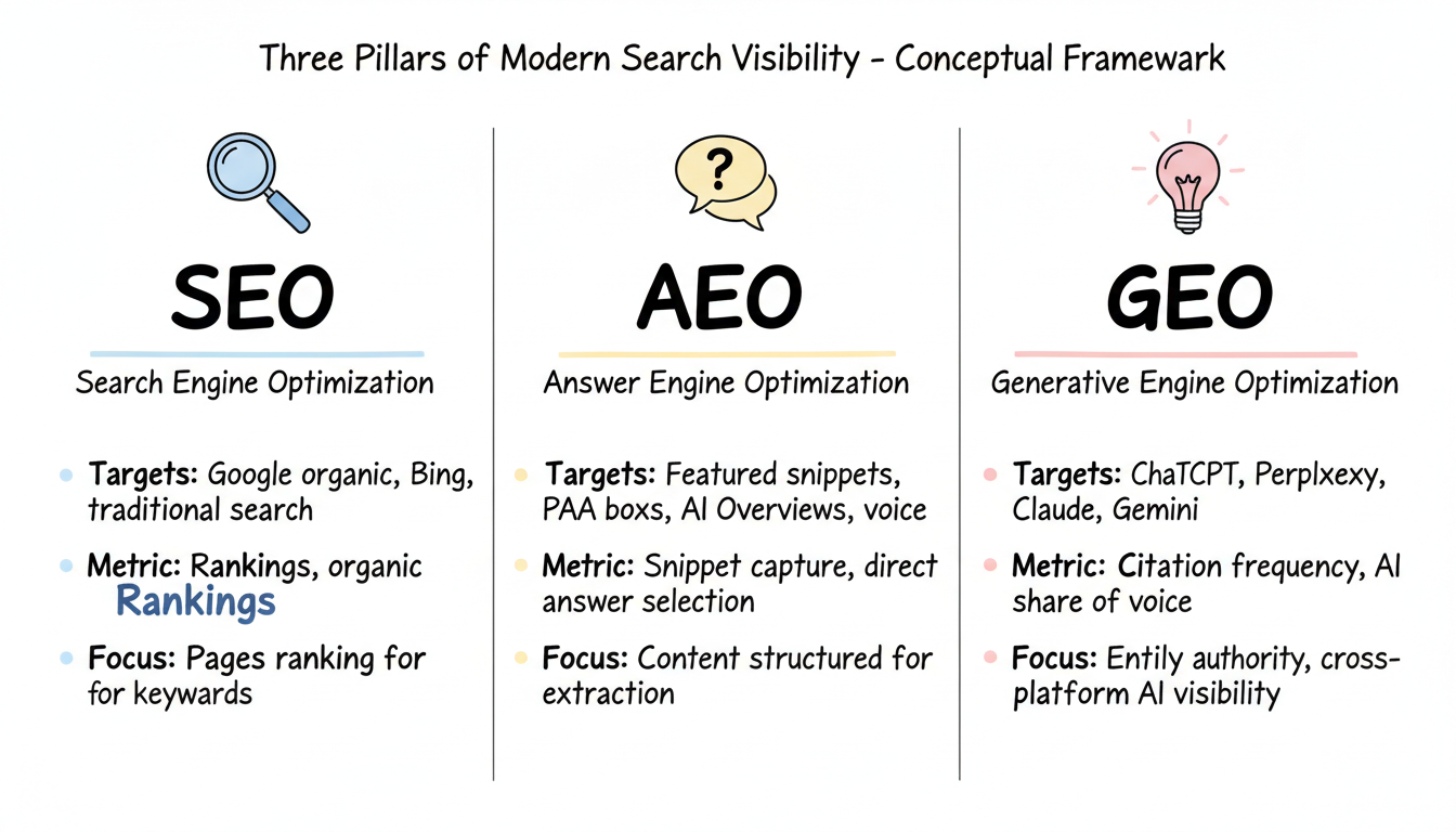 The three pillars of modern search visibility: SEO, AEO, and GEO shown as parallel columns with their targets, metrics, and focus areas