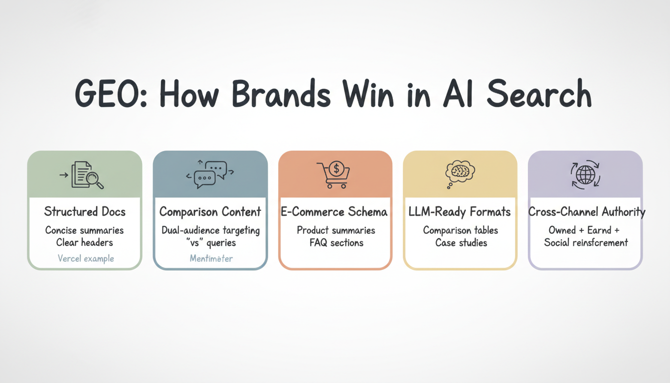 GEO success pillars: structured docs, comparison content, e-commerce schema, LLM-ready formats, and cross-channel authority