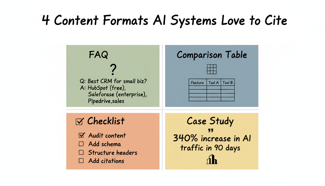 4 content formats AI systems love to cite: FAQ, comparison table, checklist, and case study