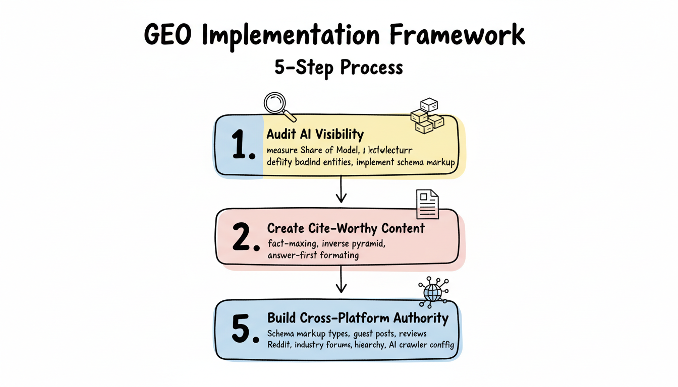 GEO Implementation Framework: 5-step flowchart from auditing AI visibility through optimizing entities, creating cite-worthy content, building cross-platform authority, and implementing technical GEO