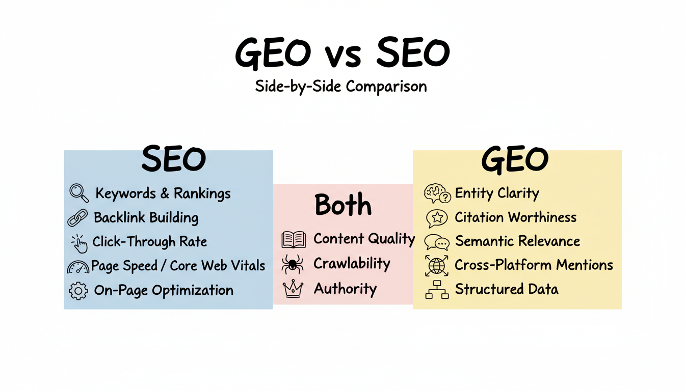 GEO vs SEO comparison: side-by-side breakdown of Traditional SEO focus areas versus GEO focus areas with a shared foundation overlap