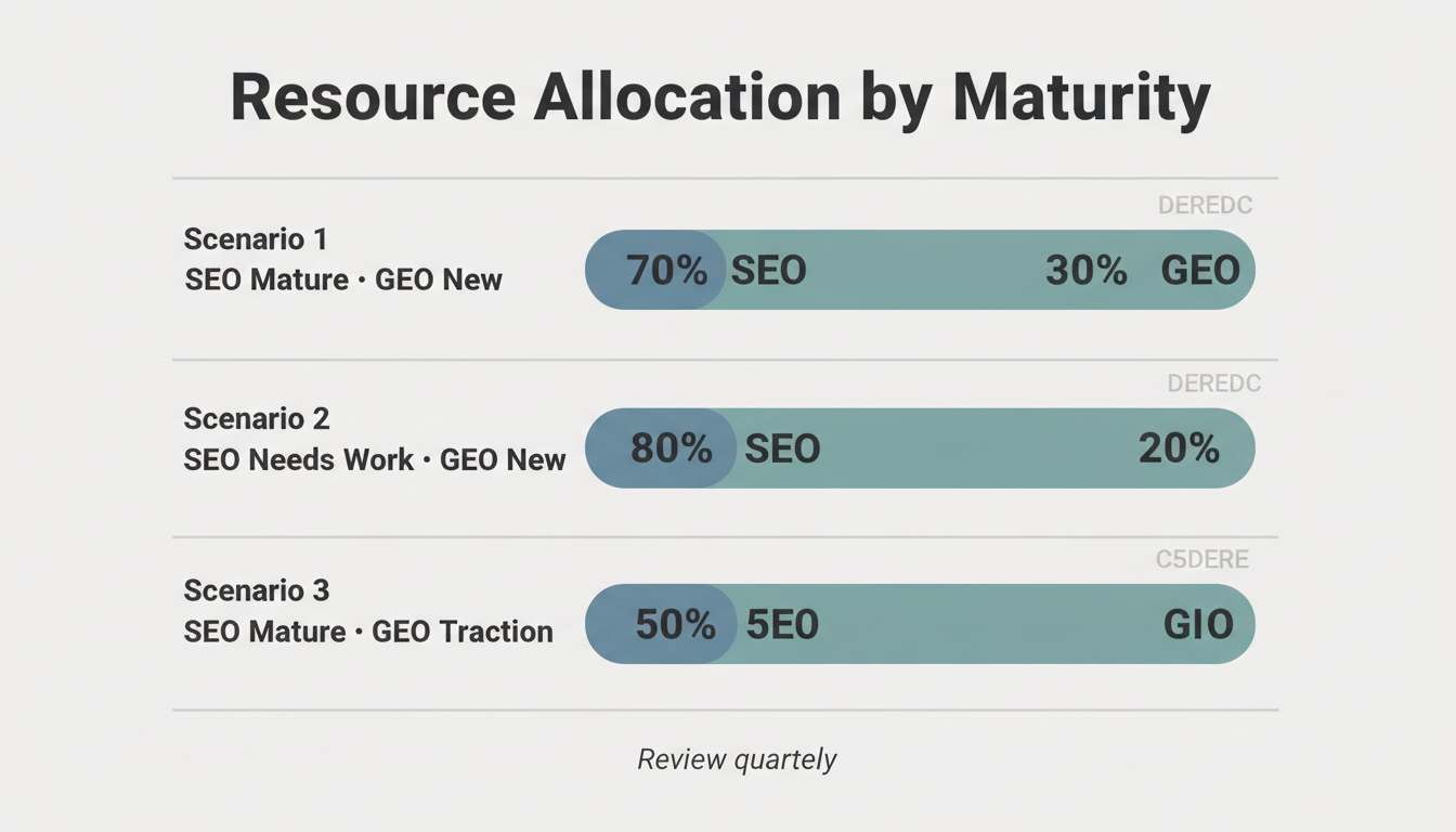Resource allocation infographic showing three GEO SEO investment split scenarios based on program maturity