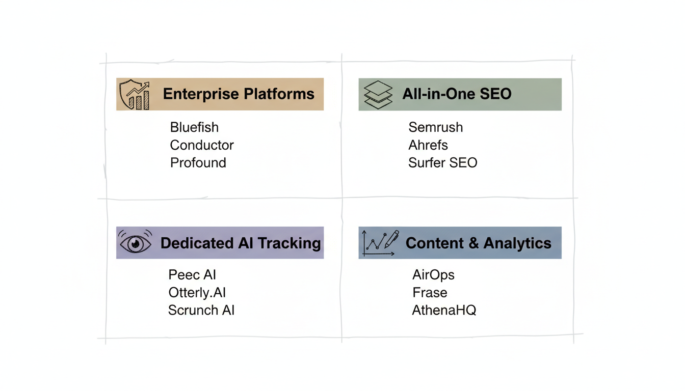 GEO SEO tool landscape divided into four categories: Enterprise Platforms, All-in-One SEO, Dedicated AI Tracking, and Content & Analytics