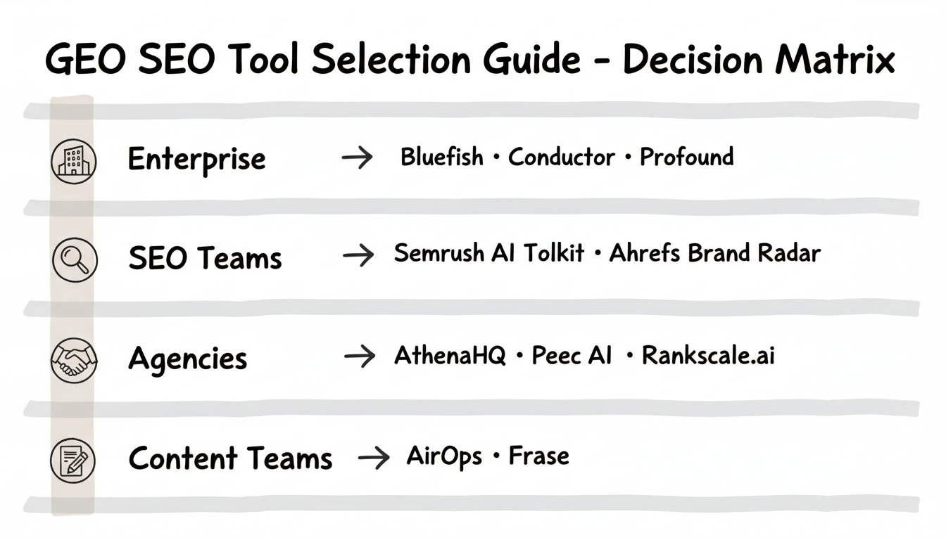 GEO SEO tool selection guide mapping five use cases to recommended tools: Enterprise, SEO Teams, Agencies, Small Business, and Content Teams
