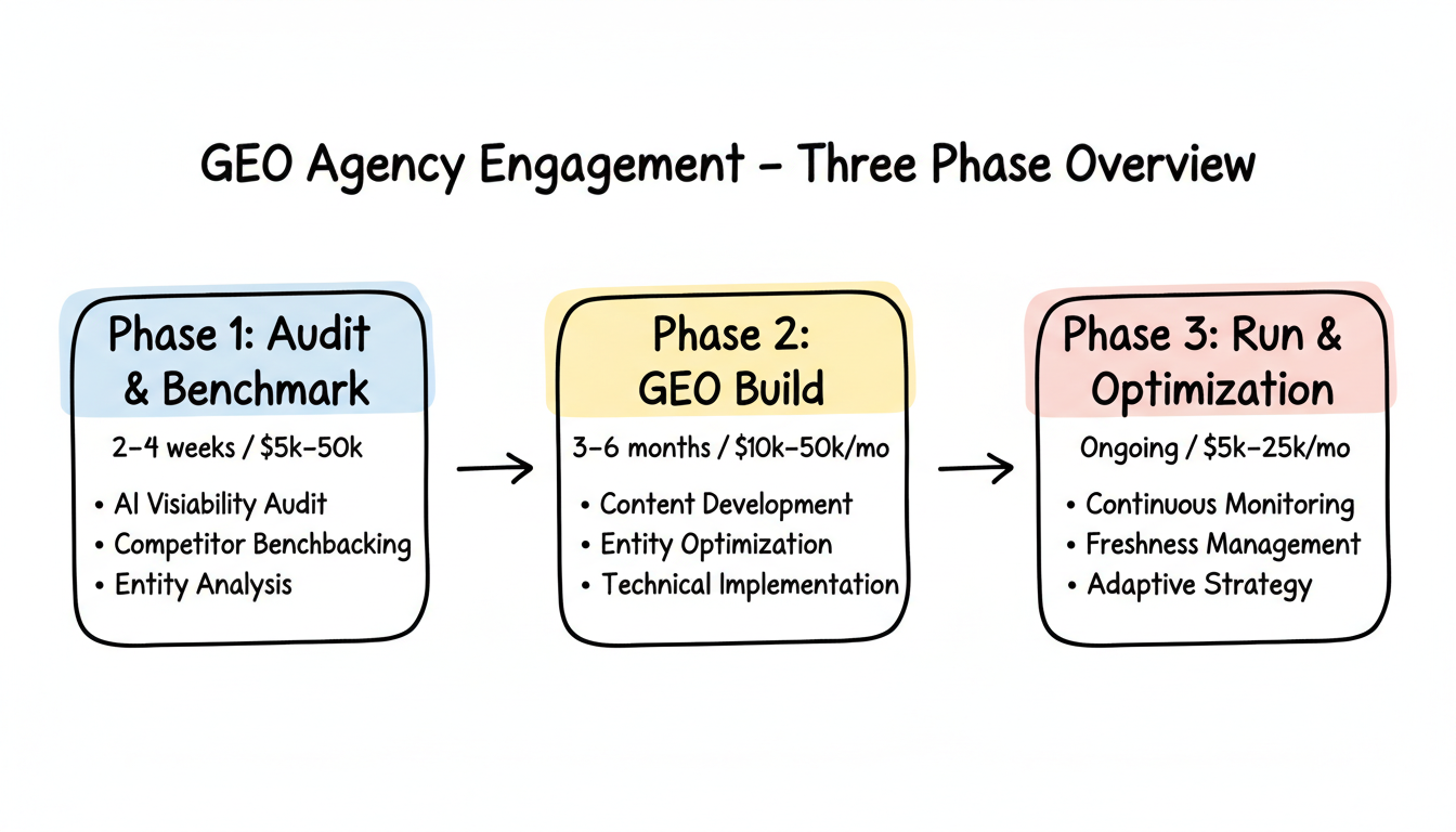 GEO agency engagement three-phase overview: Audit & Benchmark, GEO Build, and Run & Optimization with timelines and investment ranges