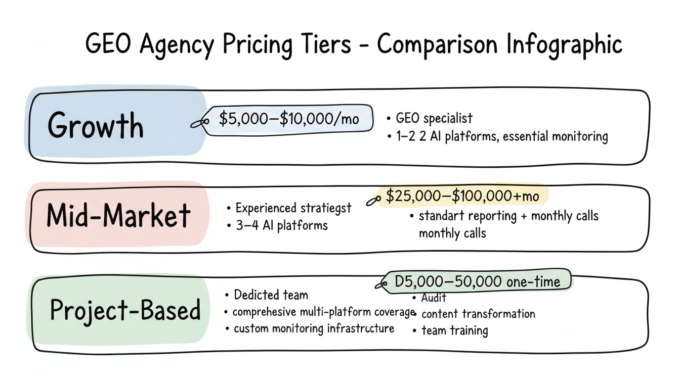 GEO agency pricing tiers comparison: Growth, Mid-Market, Enterprise, and Project-Based programs with investment ranges and key features