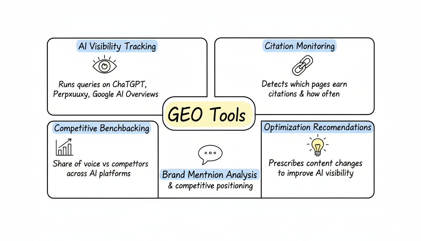 The 5 core functions of GEO tools: AI Visibility Tracking, Citation Monitoring, Brand Mention Analysis, Competitive Benchmarking, and Optimization Recommendations