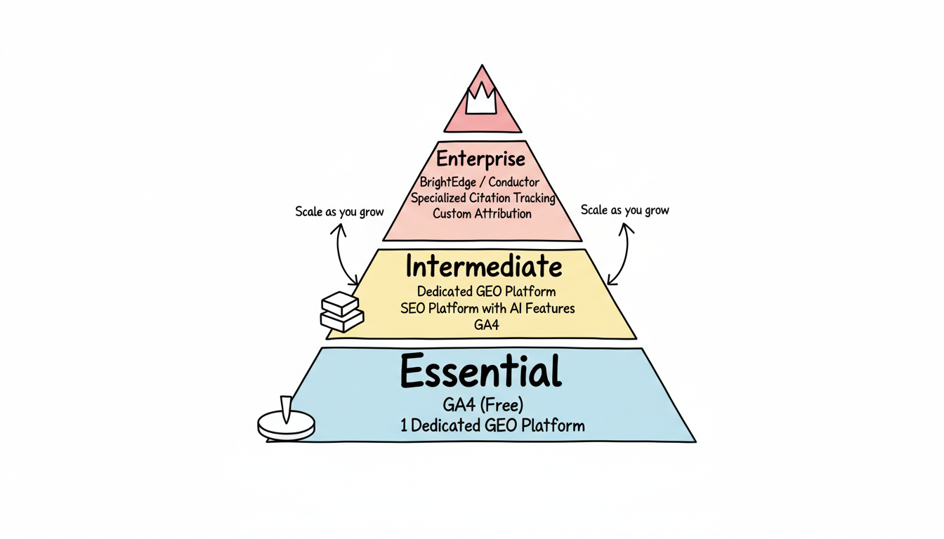 Three-tier GEO tool stack: Essential (GA4 + 1 GEO platform), Intermediate (adds SEO platform with AI features), and Enterprise (BrightEdge/Conductor + custom attribution)