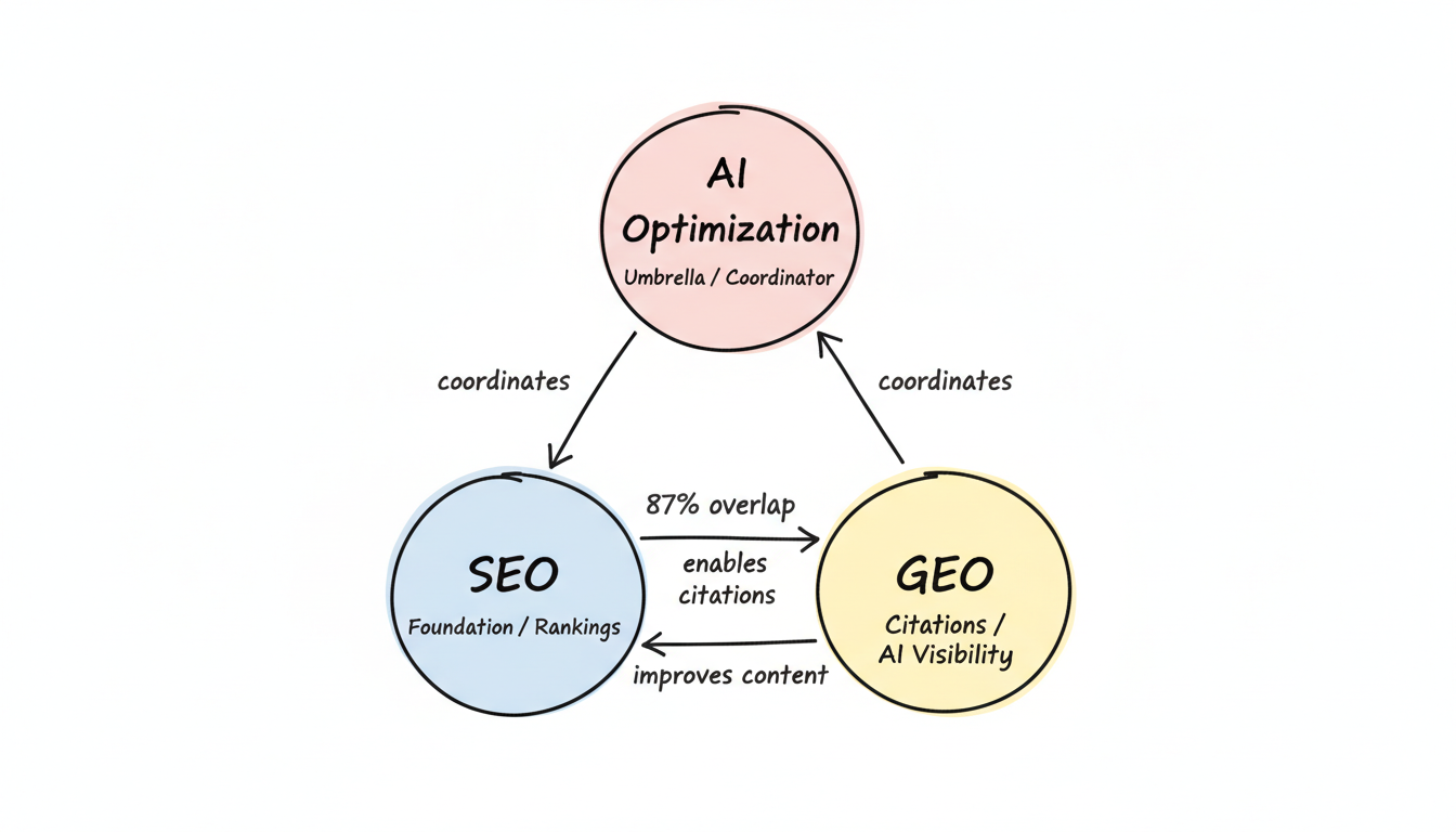 SEO, GEO, and AI Optimization integrated strategy — triangle relationship map showing how each discipline coordinates and reinforces the others