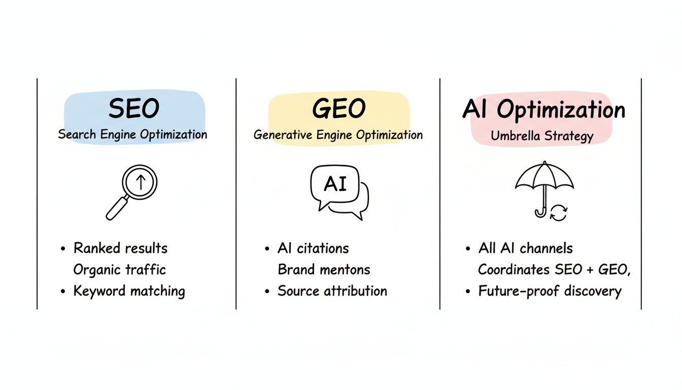 SEO vs GEO vs AI Optimization — three disciplines comparison showing ranked results, AI citations, and umbrella strategy
