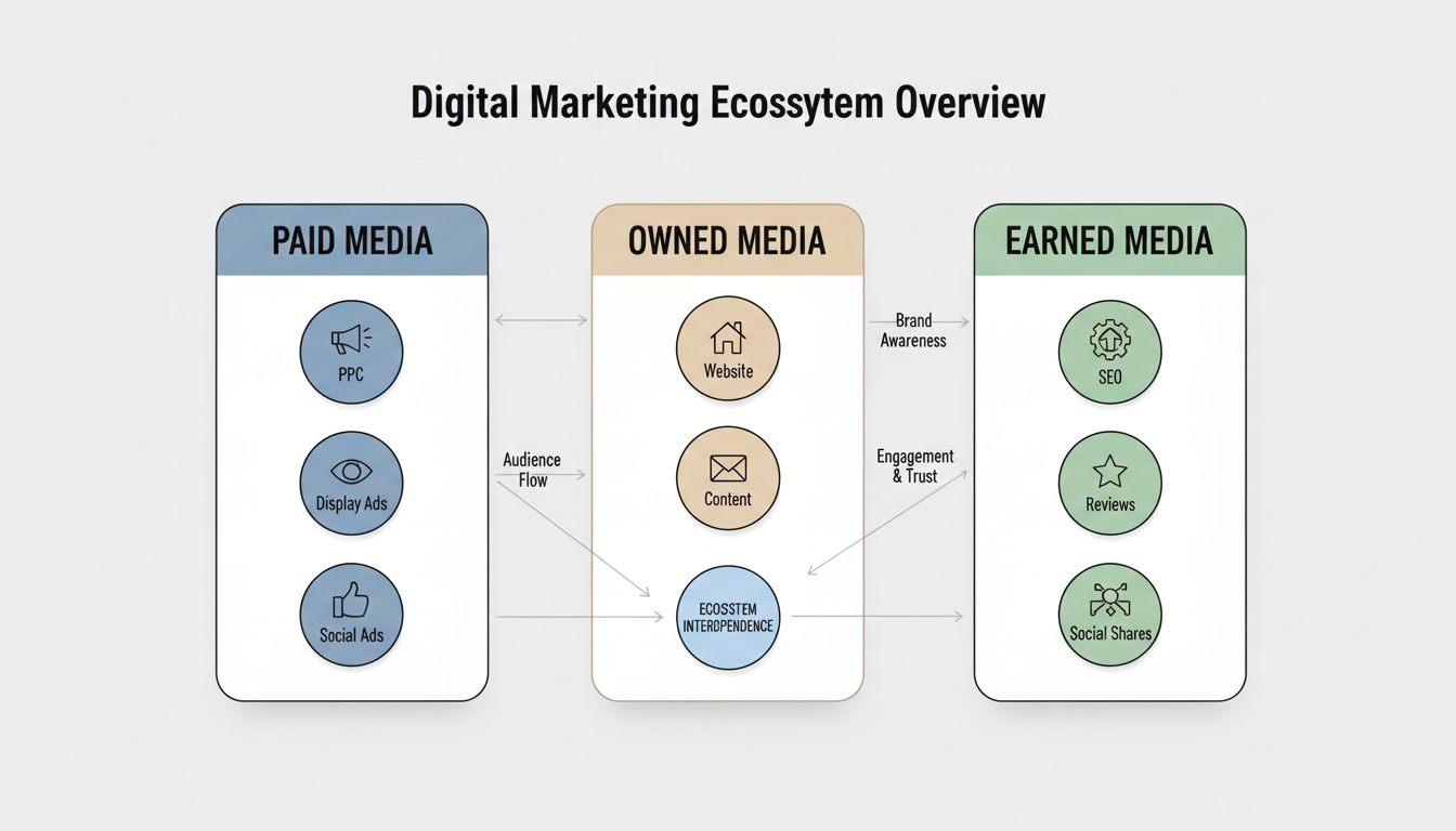 Digital marketing ecosystem showing Paid, Owned, and Earned media categories with their interconnected relationships
