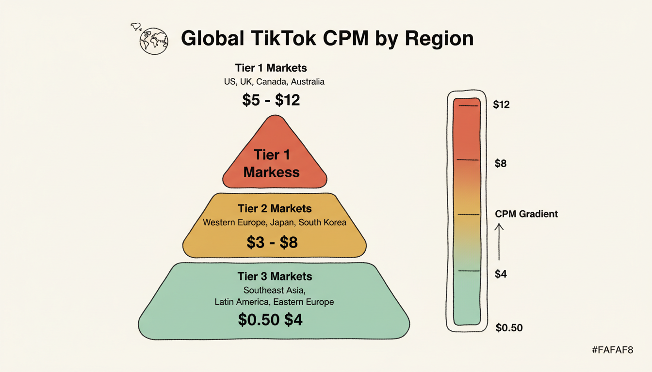 Global TikTok CPM geographic tiers showing Tier 1 markets (US, UK, Canada, Australia) at $5-12, Tier 2 (Western Europe, Japan, South Korea) at $3-8, and Tier 3 (Southeast Asia, Latin America, Eastern Europe) at $0.50-4