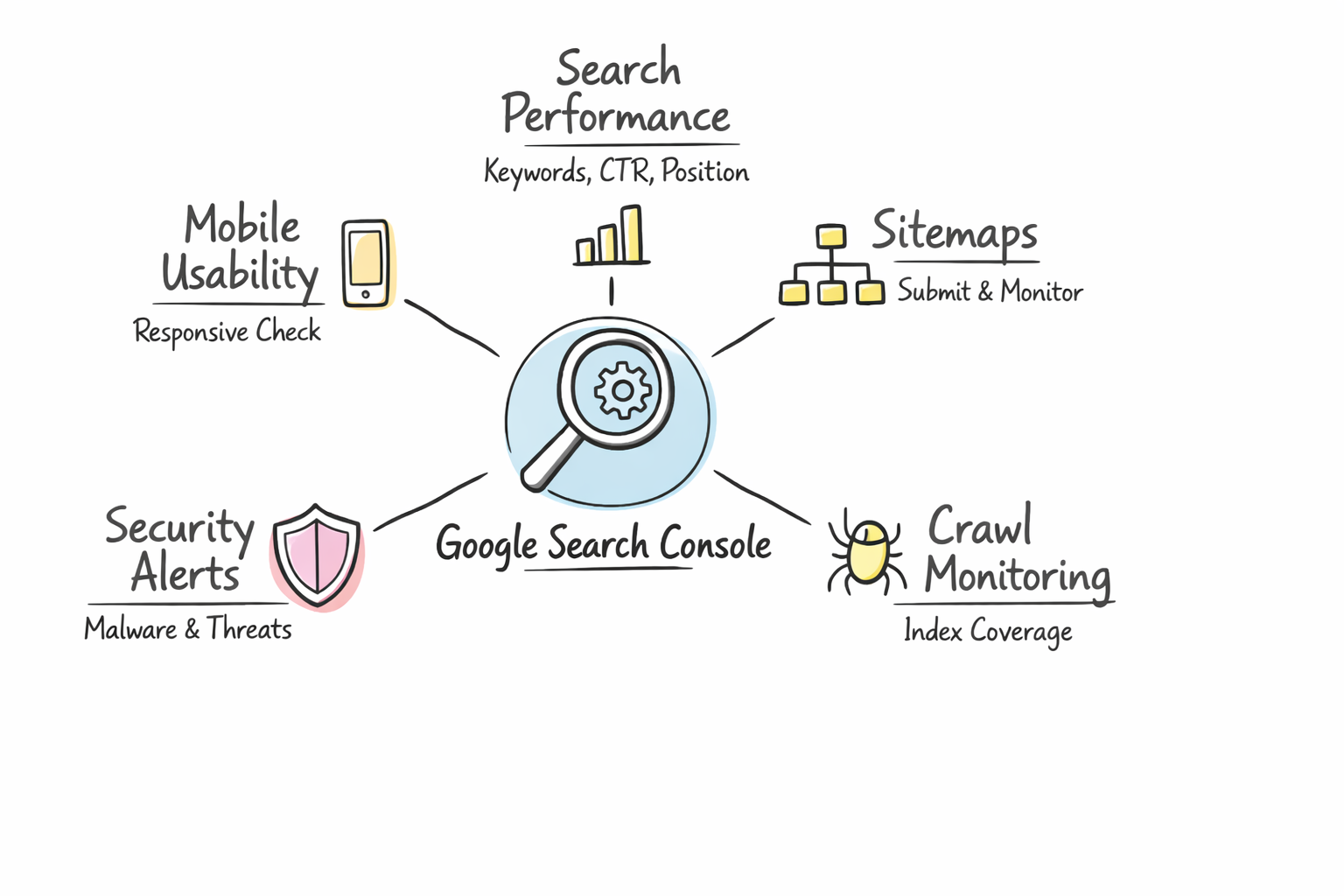 Google Search Console overview showing its core capabilities: Search Performance, Sitemaps, Crawl Monitoring, Security Alerts, and Mobile Usability