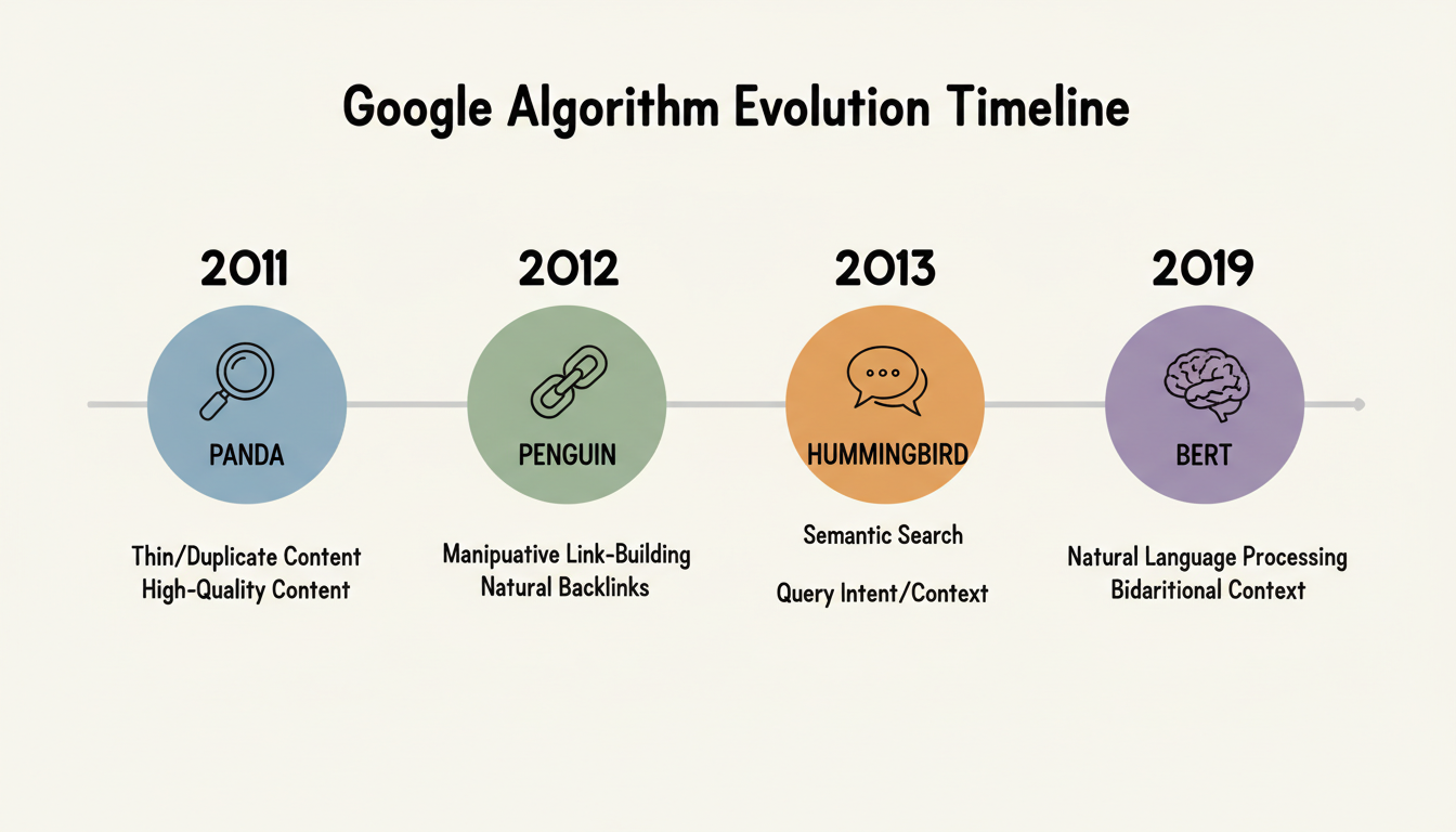Timeline of Google's major algorithm updates: Panda (2011), Penguin (2012), Hummingbird (2013), and BERT (2019)