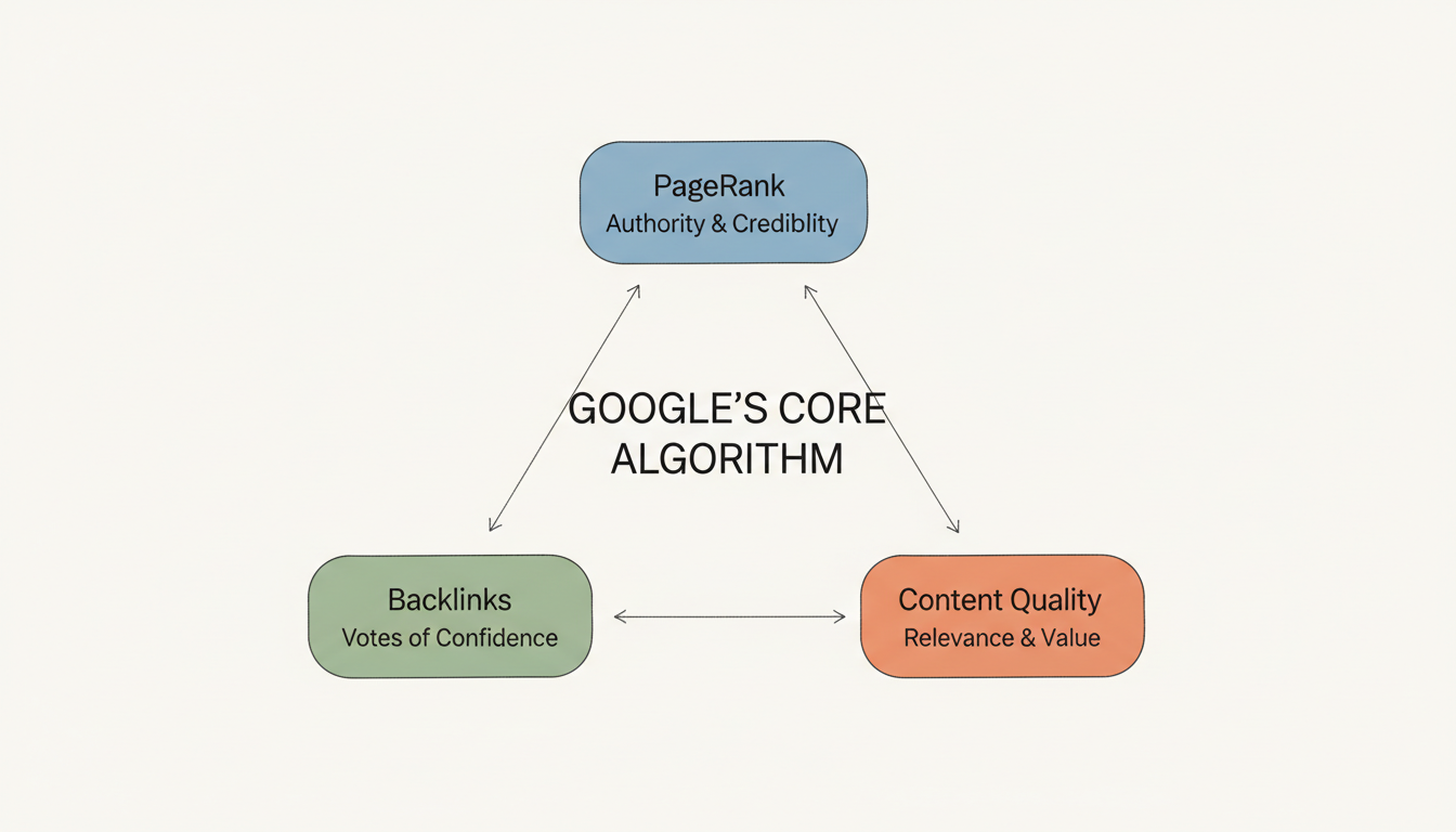 Framework diagram showing Google's three core algorithm components: PageRank, Backlinks, and Content Quality as interconnected nodes