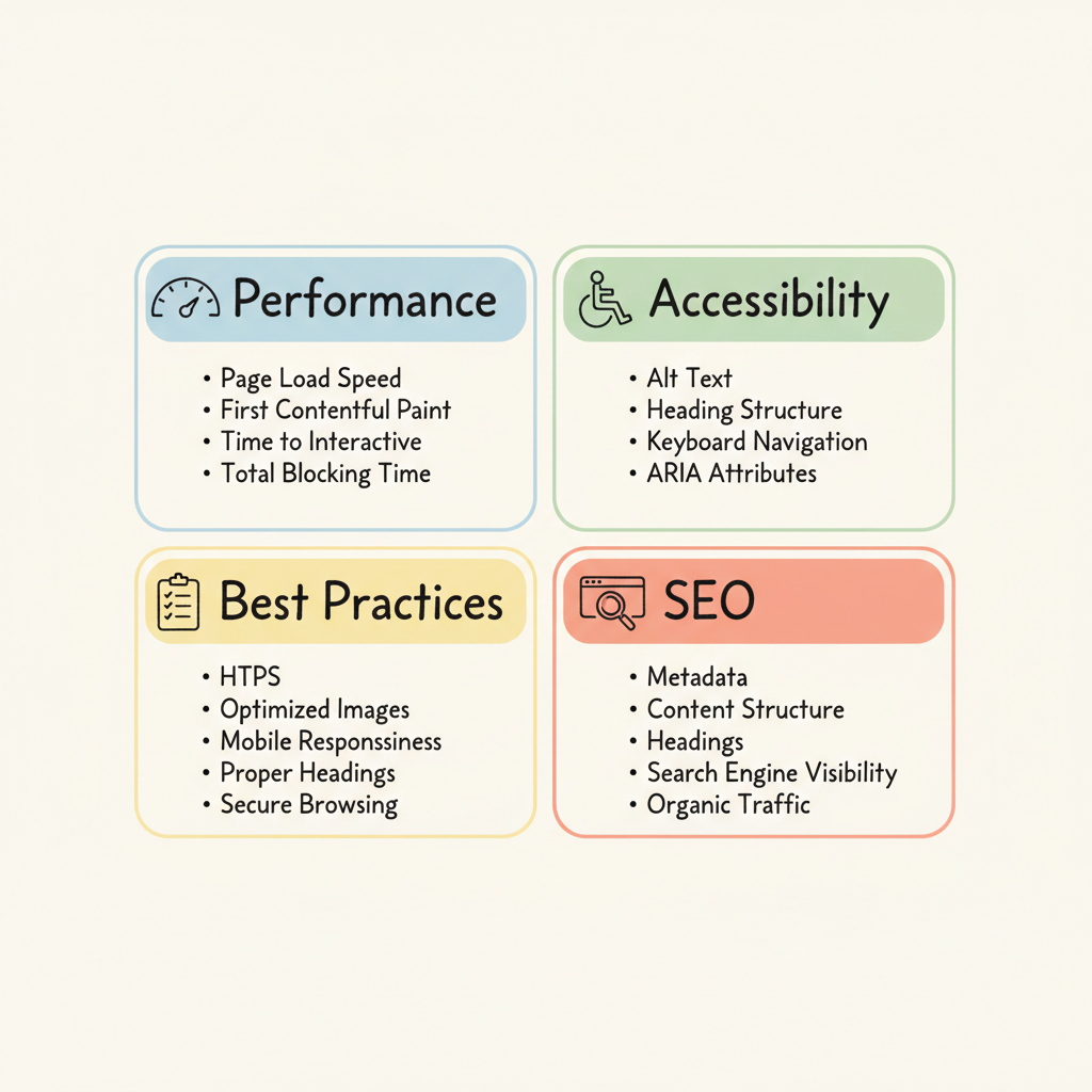 Lighthouse's four audit categories: Performance, Accessibility, Best Practices, and SEO