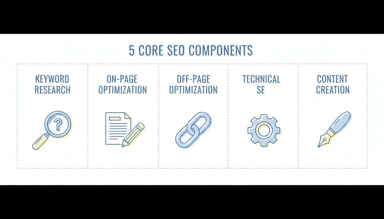 The 5 core components of effective SEO: Keyword Research, On-Page Optimization, Off-Page Optimization, Technical SEO, and Content Creation