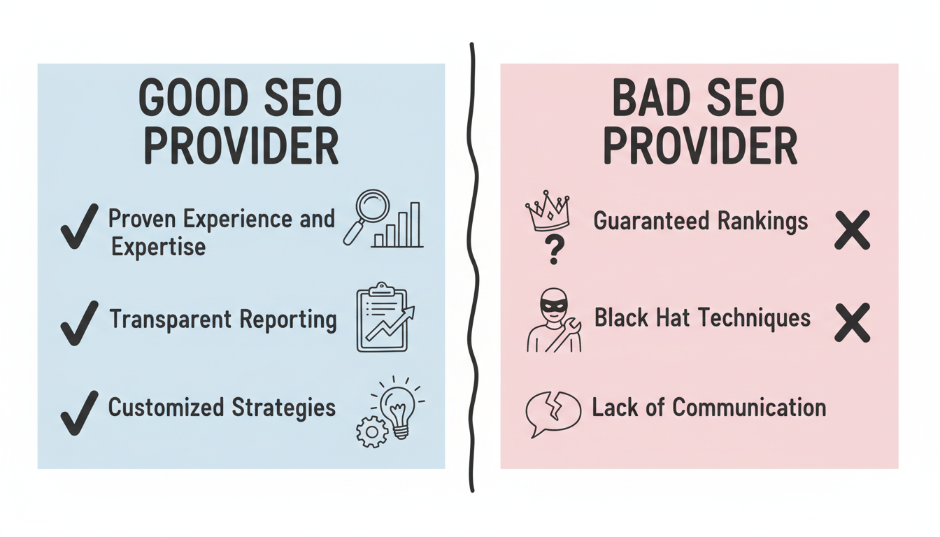 Green flags vs red flags when choosing an SEO service provider: trustworthy providers offer experience, transparent reporting, and customized strategies, while red flags include guaranteed rankings, black hat techniques, and poor communication