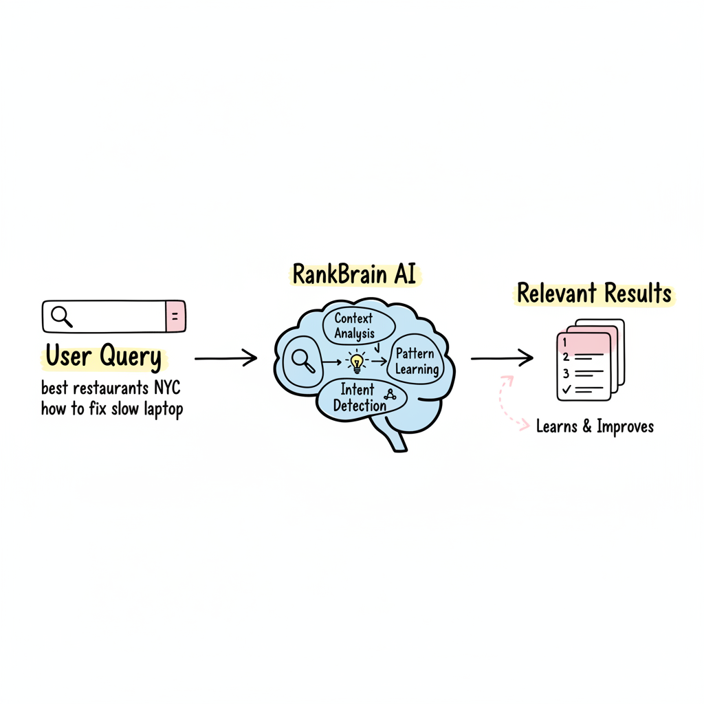 RankBrain query processing pipeline showing how user queries flow through AI-powered context analysis, intent detection, and pattern learning to produce relevant results
