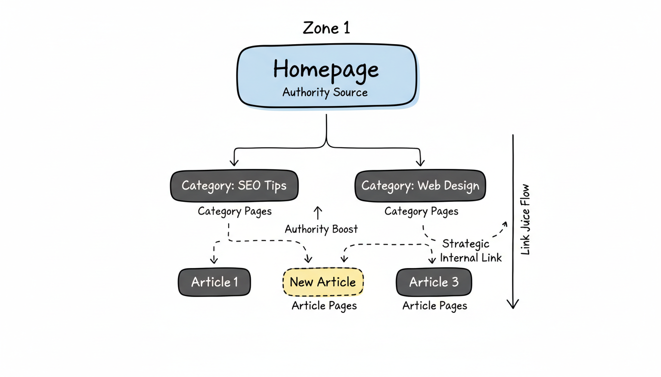 Internal link equity flow showing how authority distributes from homepage through category pages to articles