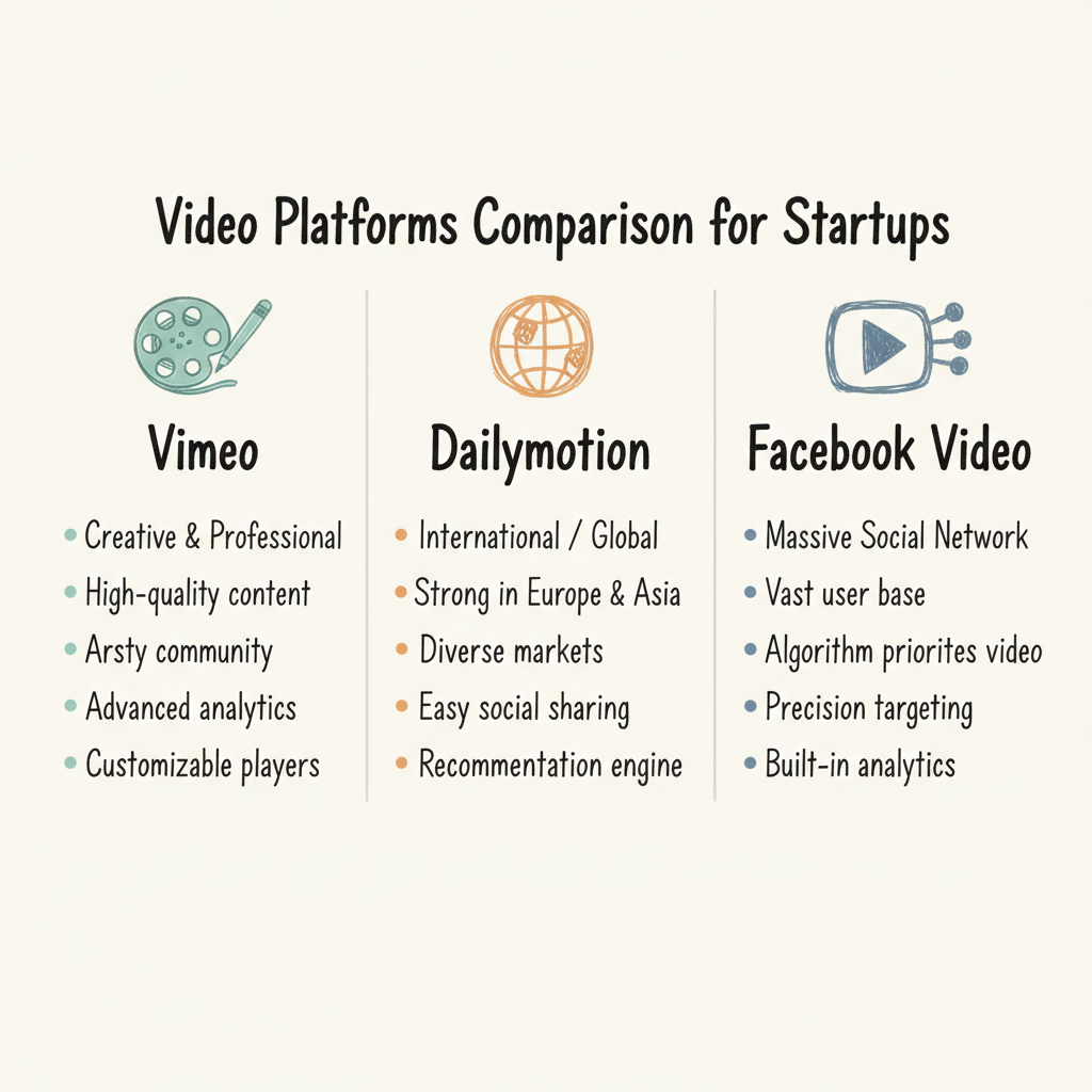 Comparison of video platforms for startups: Vimeo, Dailymotion, and Facebook Video