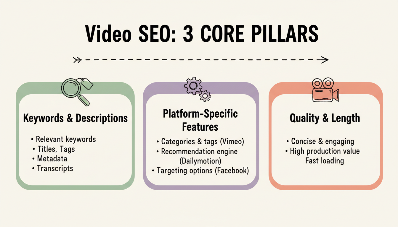 Video SEO three core pillars: keywords and descriptions, platform-specific features, and video quality and length