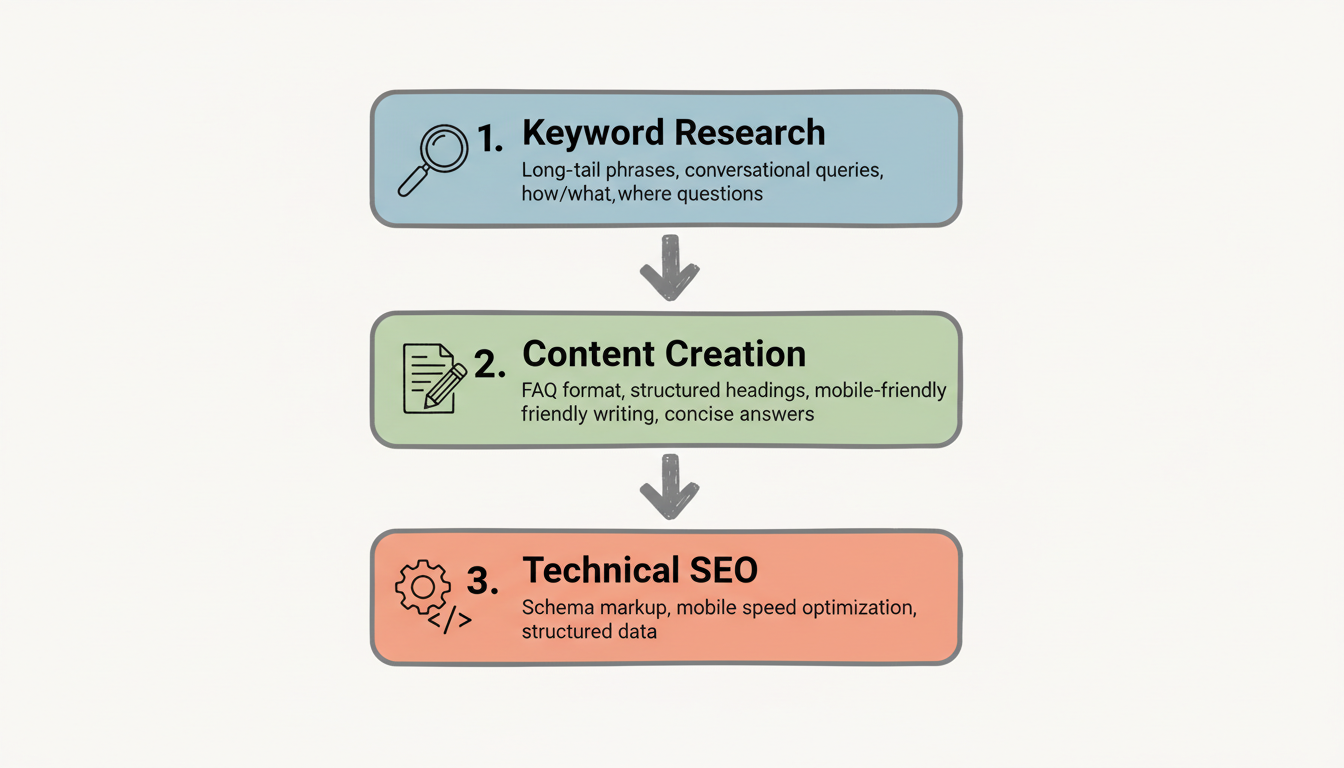 Voice search optimization strategy flowchart showing three sequential steps: Keyword Research, Content Creation, and Technical SEO connected by downward arrows