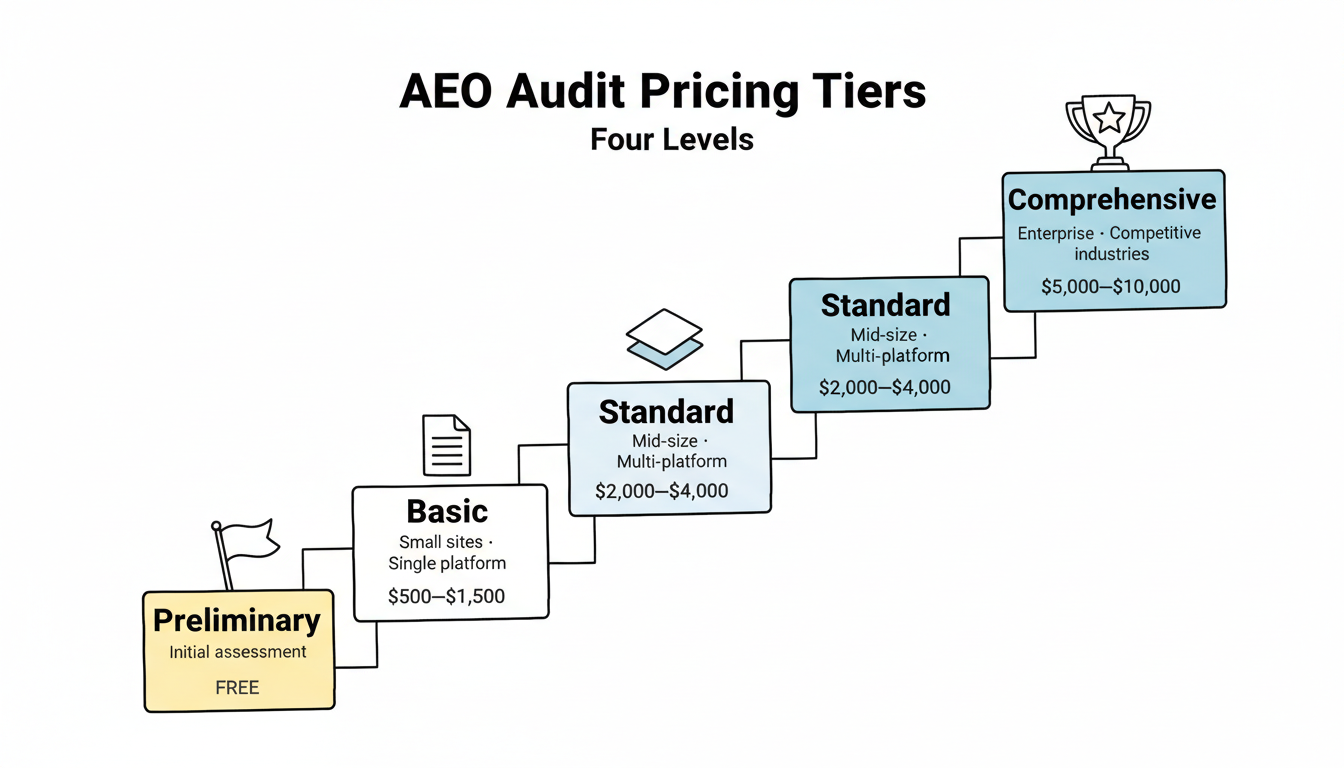 AEO Audit Pricing Tiers: Stepped ladder from Free preliminary audit through $500–$1,500 Basic, $2,000–$4,000 Standard, to $5,000–$10,000 Comprehensive