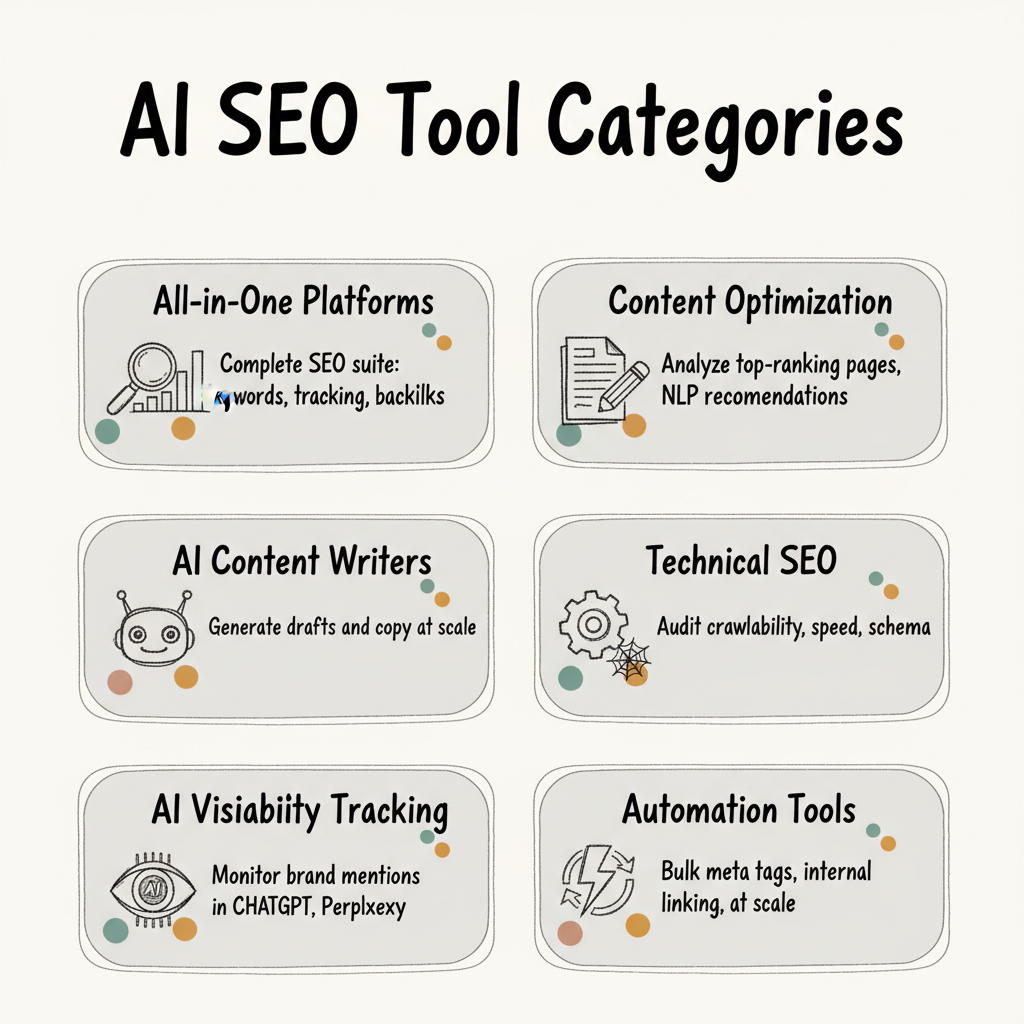 AI SEO Tool Categories overview: All-in-One Platforms, Content Optimization, AI Content Writers, Technical SEO, AI Visibility Tracking, and Automation Tools