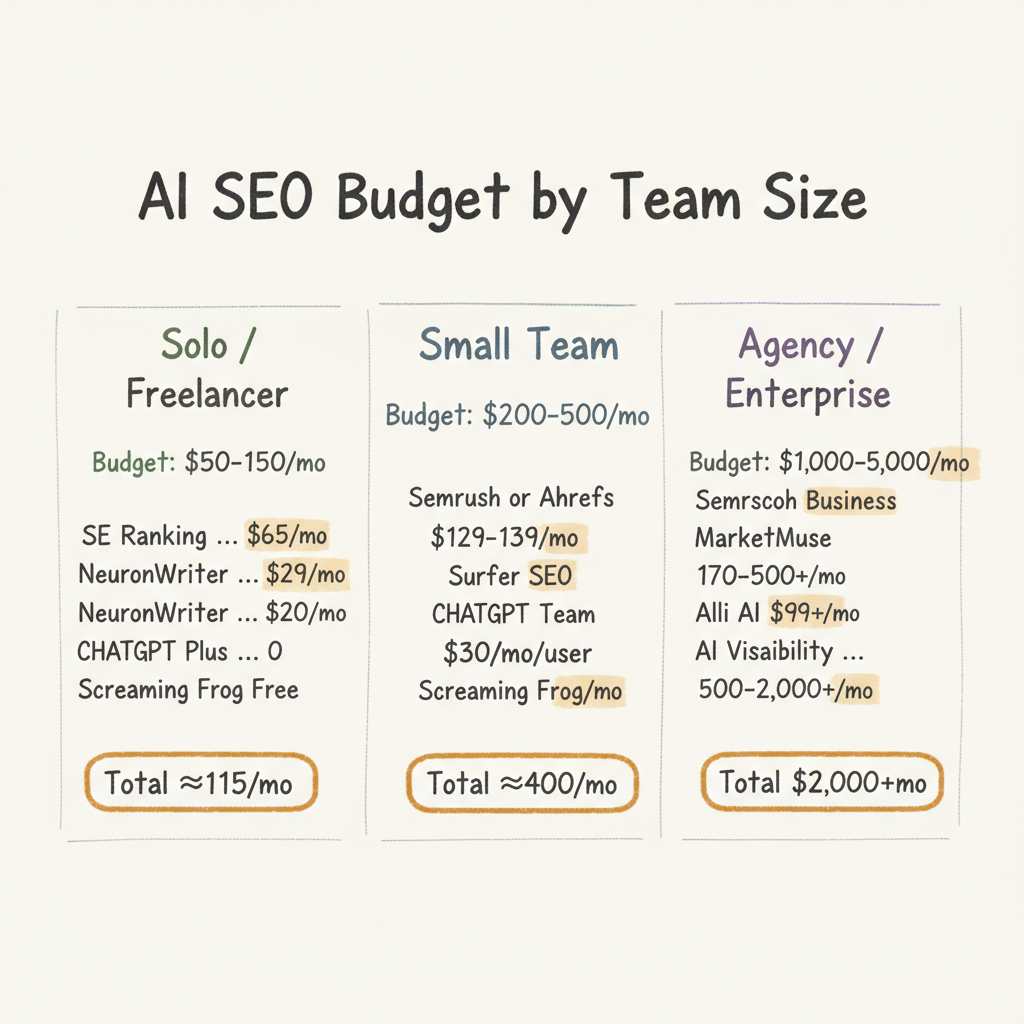 AI SEO tool budget comparison by team size: Solo/Freelancer at $115/mo, Small Team at $400/mo, and Agency/Enterprise at $2,000+/mo with recommended tool stacks