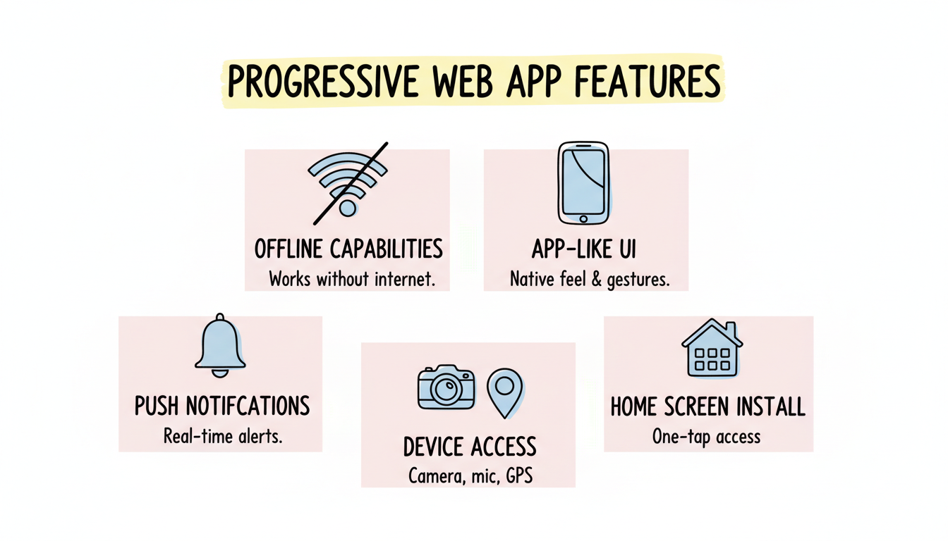 PWA core features infographic showing offline capabilities, app-like UI, push notifications, home screen installation, and device access