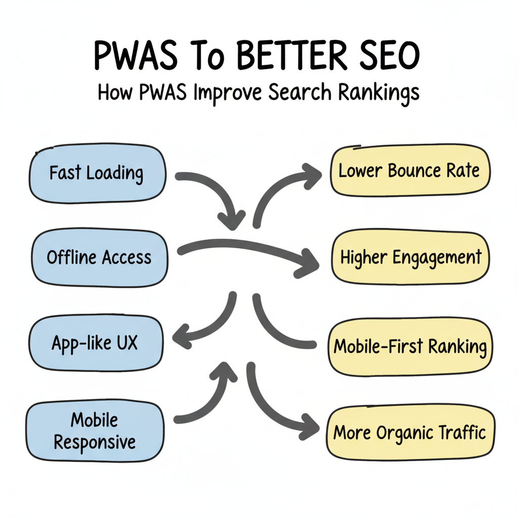 Framework diagram showing how PWA capabilities like fast loading, offline access, app-like UX, and mobile responsiveness drive SEO outcomes including lower bounce rate, higher engagement, mobile-first ranking, and more organic traffic