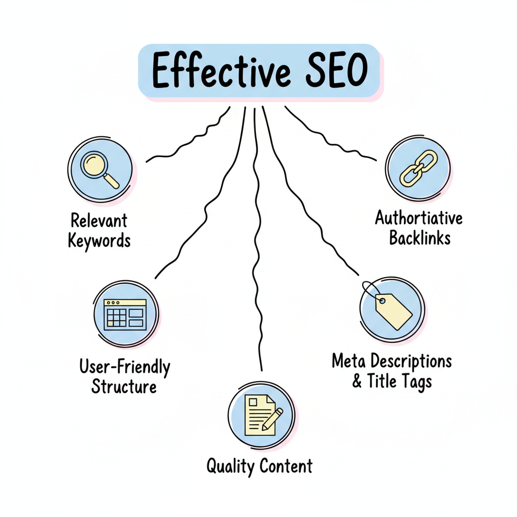 The five key elements of effective SEO: relevant keywords, user-friendly structure, quality content, meta tags, and authoritative backlinks