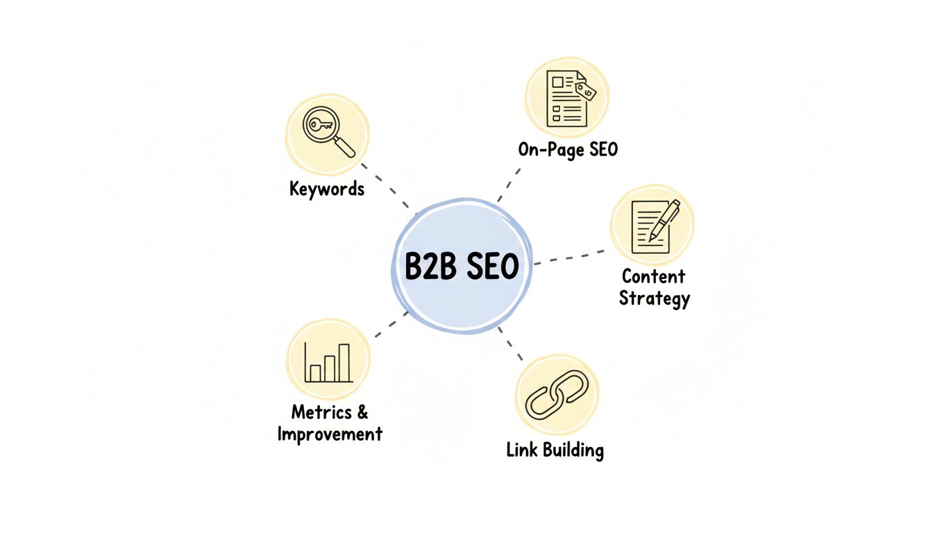 B2B SEO Strategy — 5 core pillars: Keywords, On-Page SEO, Content Strategy, Link Building, and Metrics & Improvement