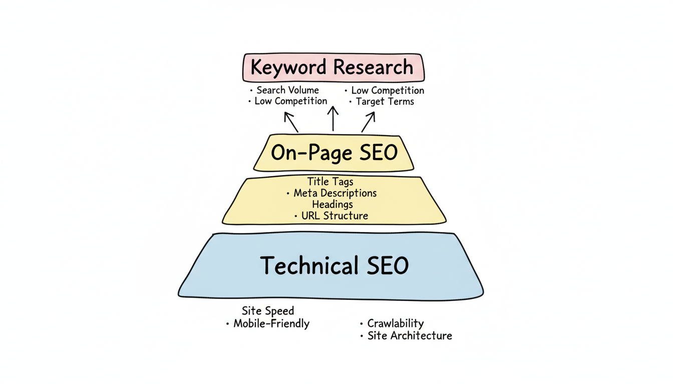 SEO Foundation — three stacked layers: Technical SEO at the base, On-Page SEO in the middle, and Keyword Research at the top