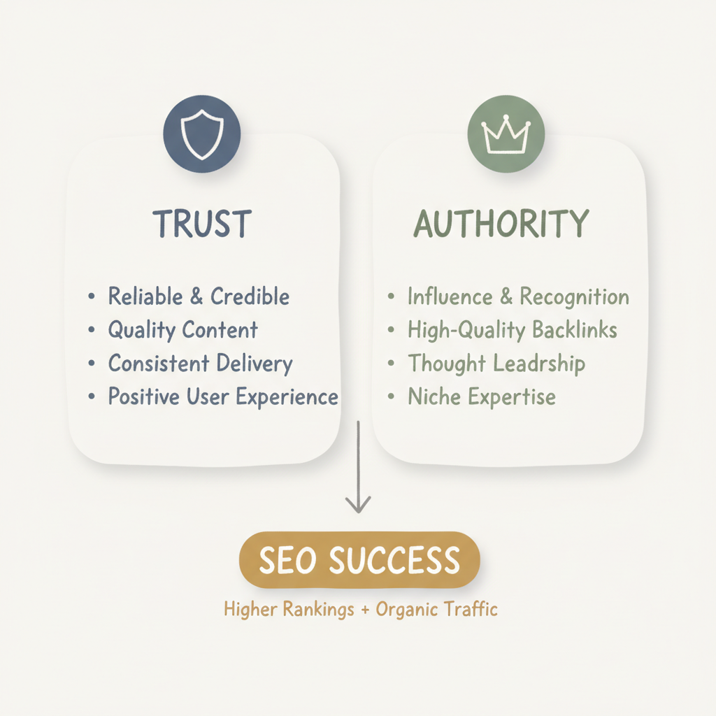 Trust vs Authority - Two complementary SEO pillars driving search rankings and organic traffic