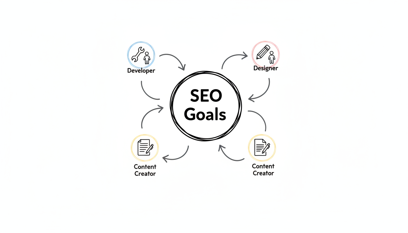 Collaborative SEO framework showing Developer, Designer, and Content Creator roles connected to a central SEO Goals hub