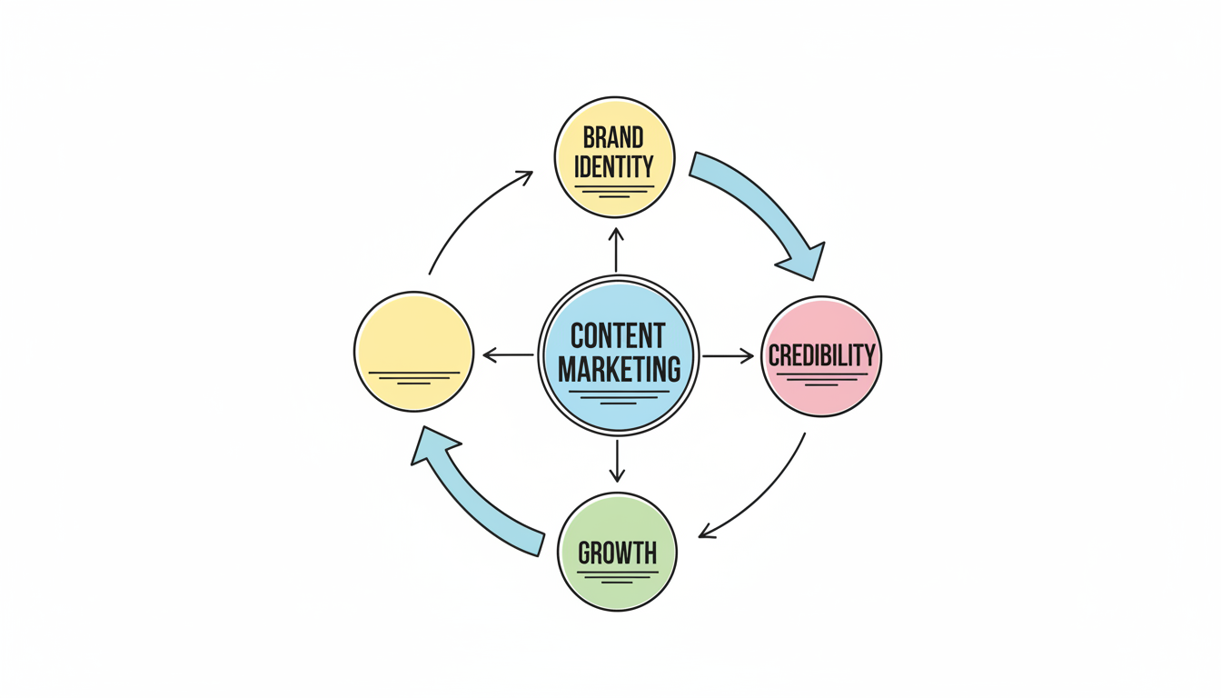 Content marketing pillars framework showing Brand Identity, Credibility, and Business Growth as interconnected nodes