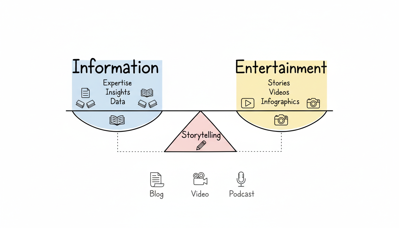 Balance scale infographic showing Information and Entertainment as two sides with Storytelling as the fulcrum, and Blog, Video, Podcast as content formats below